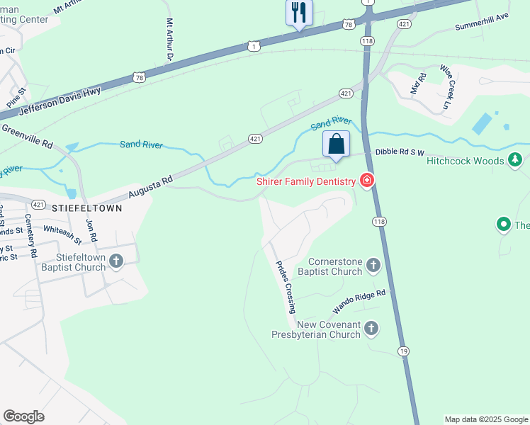 map of restaurants, bars, coffee shops, grocery stores, and more near 140 Band Box Avenue in Aiken