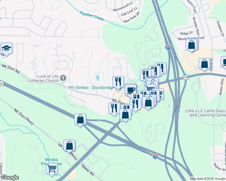 map of restaurants, bars, coffee shops, grocery stores, and more near 3470 Mount Zion Road in Stockbridge
