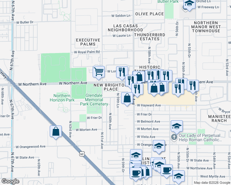 map of restaurants, bars, coffee shops, grocery stores, and more near 7841 North 59th Lane in Glendale