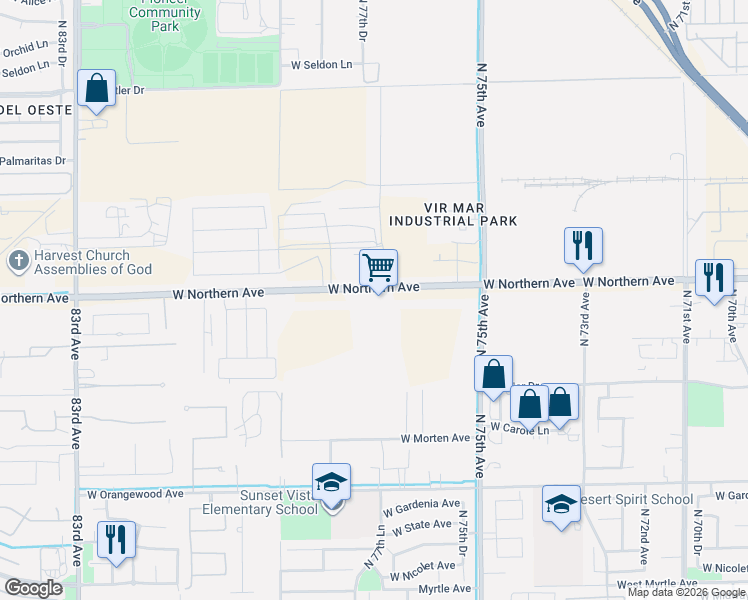 map of restaurants, bars, coffee shops, grocery stores, and more near 7715 West Northern Avenue in Glendale