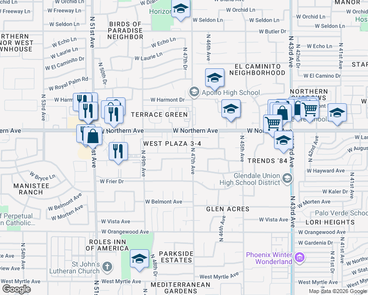 map of restaurants, bars, coffee shops, grocery stores, and more near 7828 North 47th Avenue in Glendale
