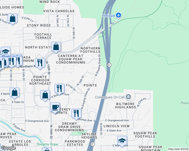 map of restaurants, bars, coffee shops, grocery stores, and more near 7839 North Dreamy Draw Drive in Phoenix