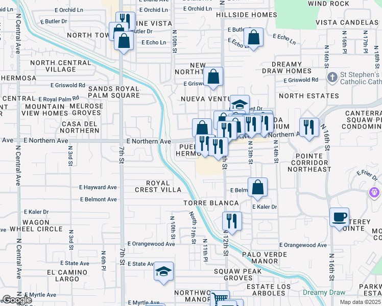 map of restaurants, bars, coffee shops, grocery stores, and more near 1062 East Pueblo Road in Phoenix