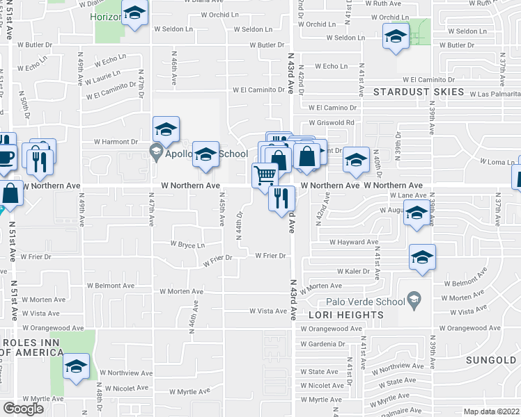 map of restaurants, bars, coffee shops, grocery stores, and more near 7801 North 44th Drive in Glendale
