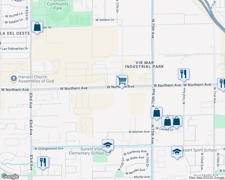 map of restaurants, bars, coffee shops, grocery stores, and more near 7715 West Northern Avenue in Glendale