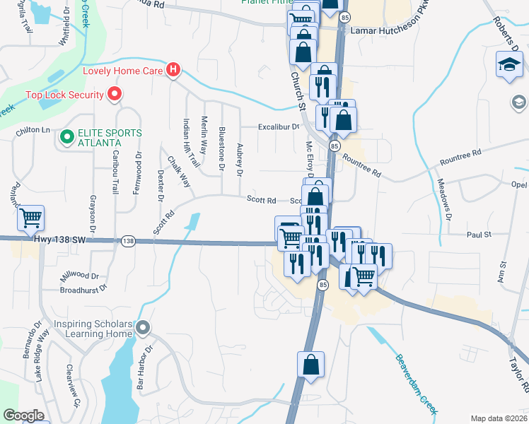 map of restaurants, bars, coffee shops, grocery stores, and more near 868 Scott Road in Riverdale