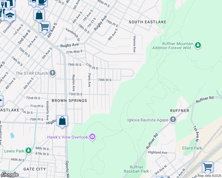 map of restaurants, bars, coffee shops, grocery stores, and more near 7321 Sparta Avenue in Birmingham