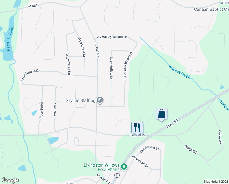 map of restaurants, bars, coffee shops, grocery stores, and more near 50 Lazy Hollow Lane in Covington