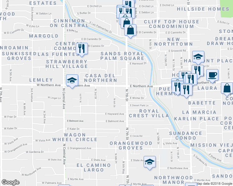 map of restaurants, bars, coffee shops, grocery stores, and more near 7825 North 6th Street in Phoenix