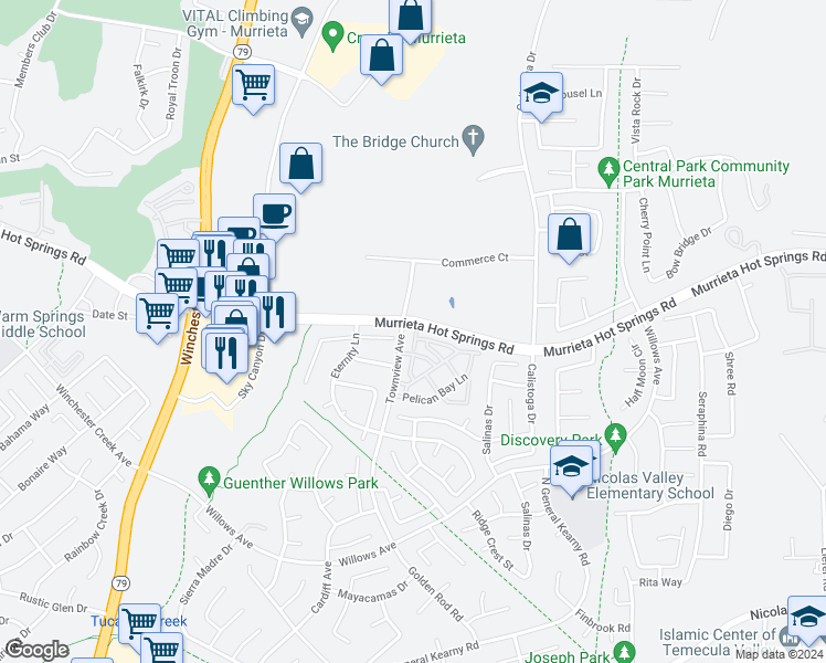 map of restaurants, bars, coffee shops, grocery stores, and more near 39141 Anchor Bay in Murrieta
