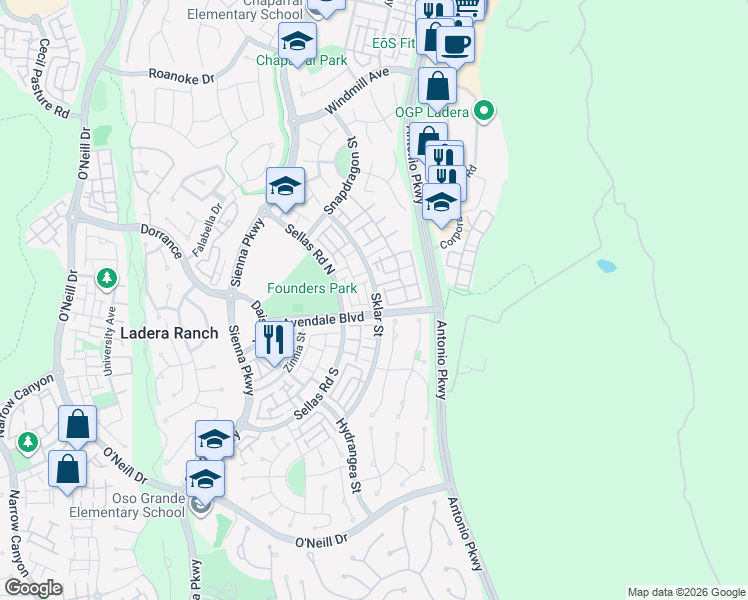 map of restaurants, bars, coffee shops, grocery stores, and more near 83 Sklar Street in Ladera Ranch