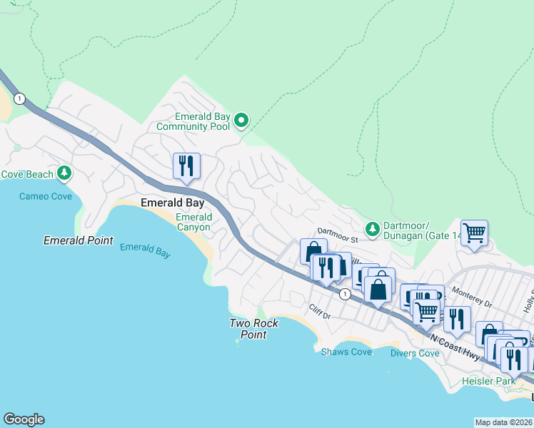 map of restaurants, bars, coffee shops, grocery stores, and more near 298 Emerald Bay in Laguna Beach