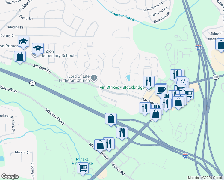 map of restaurants, bars, coffee shops, grocery stores, and more near 3360 Mount Zion Road in Stockbridge