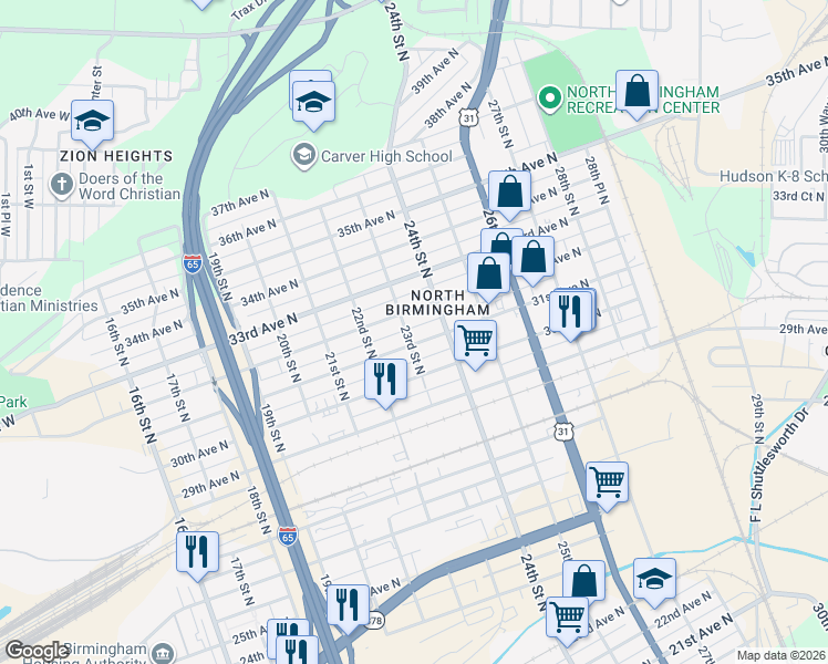 map of restaurants, bars, coffee shops, grocery stores, and more near 2300 31st Avenue North in Birmingham