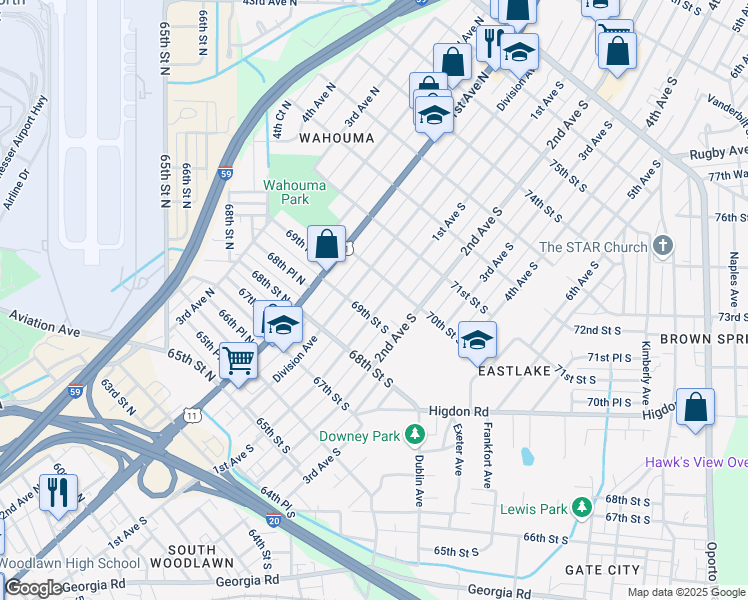 map of restaurants, bars, coffee shops, grocery stores, and more near 6910 1st Avenue South in Birmingham