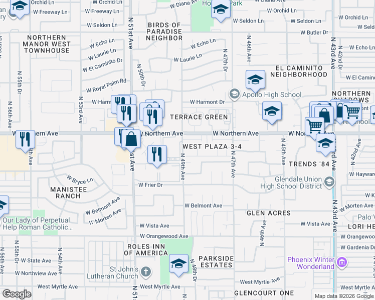 map of restaurants, bars, coffee shops, grocery stores, and more near 7829 North 49th Avenue in Glendale