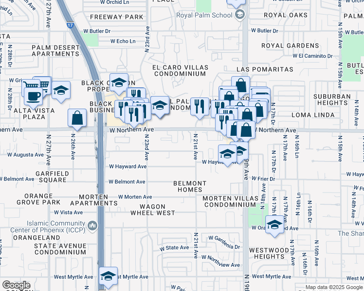 map of restaurants, bars, coffee shops, grocery stores, and more near 2128 West Augusta Avenue in Phoenix