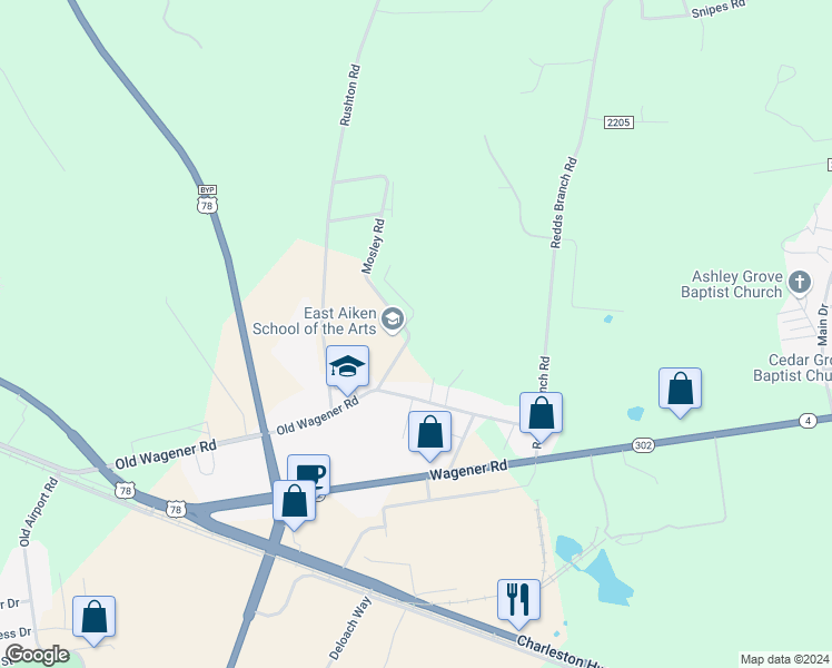 map of restaurants, bars, coffee shops, grocery stores, and more near 126 Mosley Road in Aiken