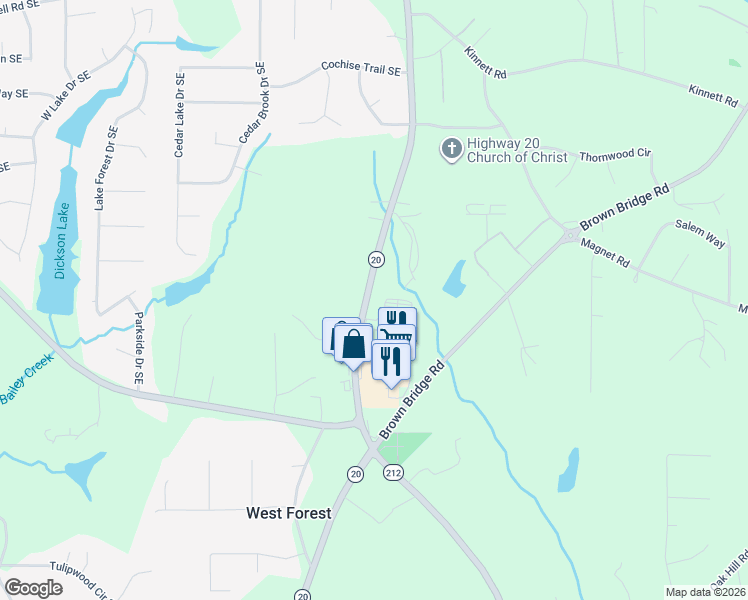map of restaurants, bars, coffee shops, grocery stores, and more near 5228 Georgia 20 in Covington