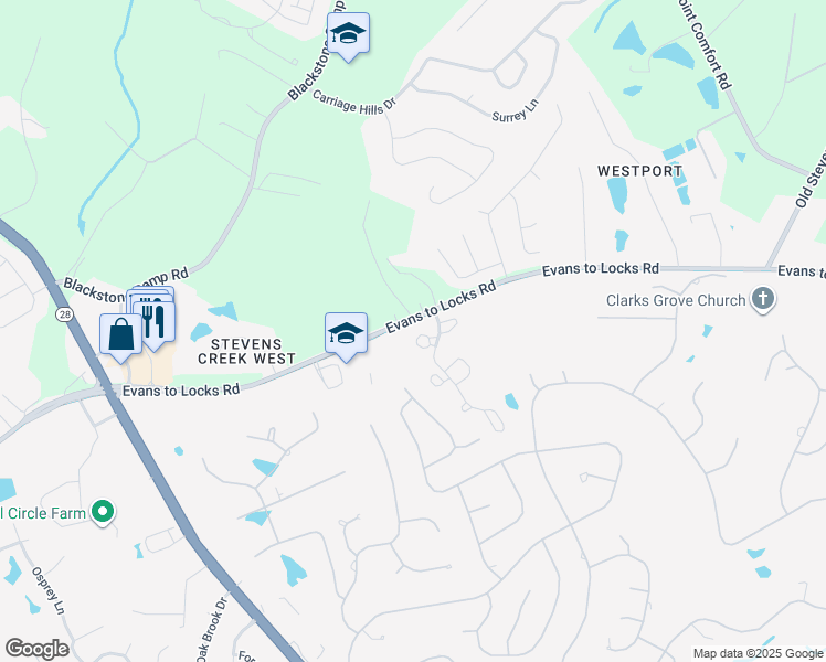 map of restaurants, bars, coffee shops, grocery stores, and more near 3780 Evans to Locks Road in Martinez