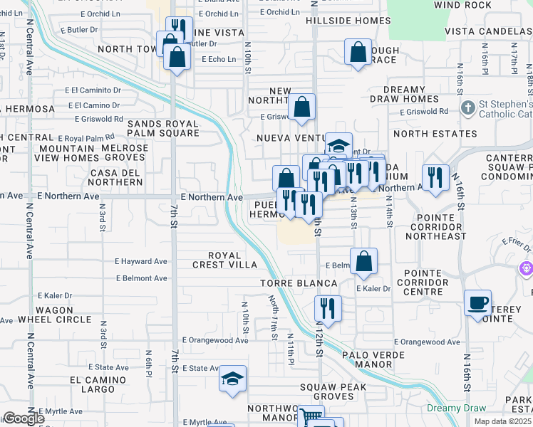 map of restaurants, bars, coffee shops, grocery stores, and more near 1032 East Pueblo Road in Phoenix