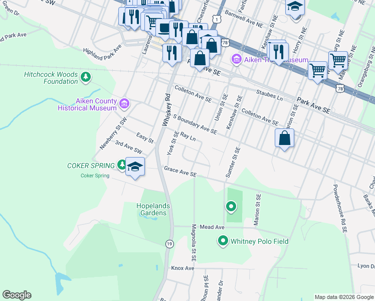 map of restaurants, bars, coffee shops, grocery stores, and more near 454 Homestead Lane in Aiken