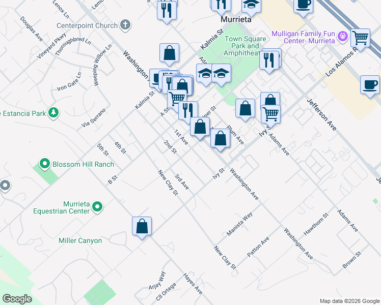 map of restaurants, bars, coffee shops, grocery stores, and more near 24895 1st Avenue in Murrieta