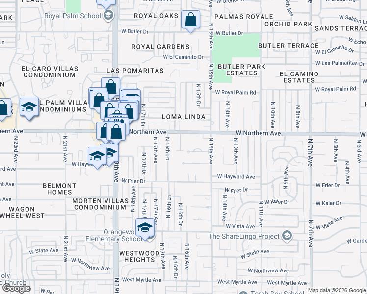 map of restaurants, bars, coffee shops, grocery stores, and more near 7817 North 16th Drive in Phoenix