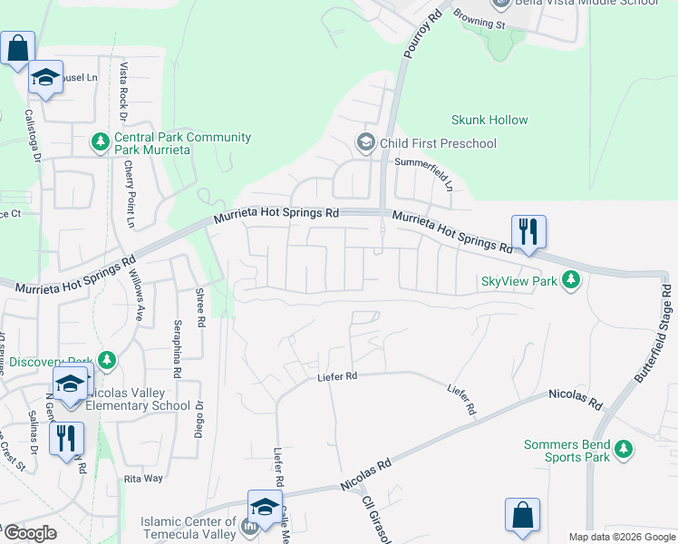 map of restaurants, bars, coffee shops, grocery stores, and more near 39160 Hidden Creek Lane in Temecula