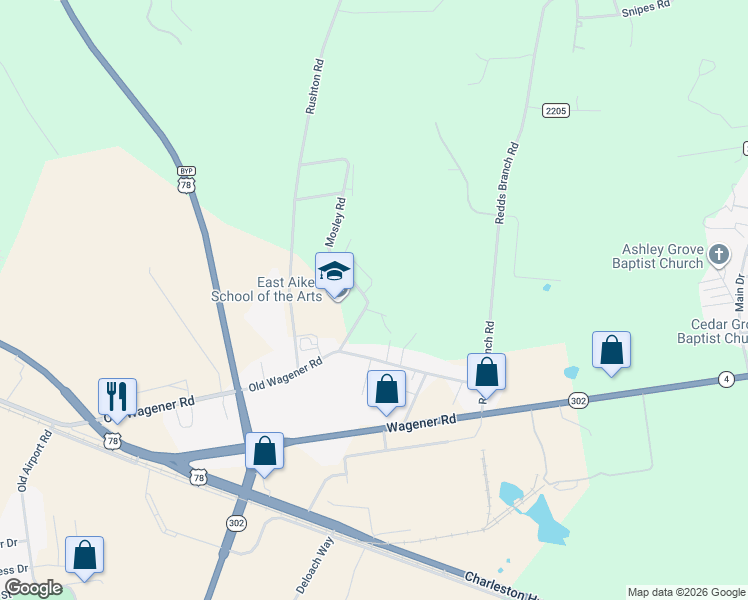 map of restaurants, bars, coffee shops, grocery stores, and more near 126 Mosley Road in Aiken