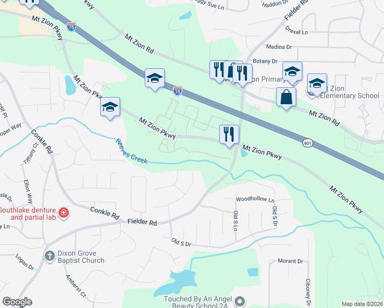 map of restaurants, bars, coffee shops, grocery stores, and more near Fieldstone Parkway in Jonesboro