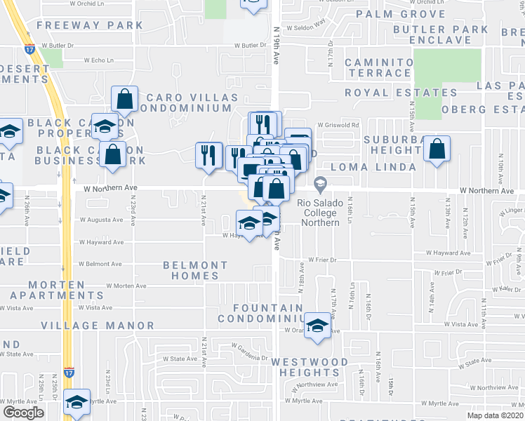 map of restaurants, bars, coffee shops, grocery stores, and more near 7828 North 19th Avenue in Phoenix