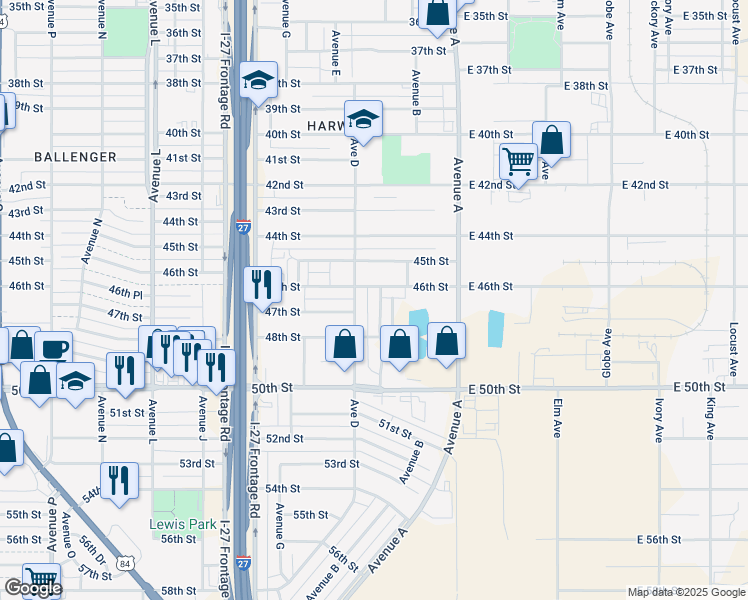 map of restaurants, bars, coffee shops, grocery stores, and more near 4606 Avenue C in Lubbock