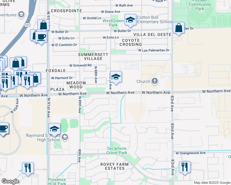 map of restaurants, bars, coffee shops, grocery stores, and more near West Northern Avenue in Glendale