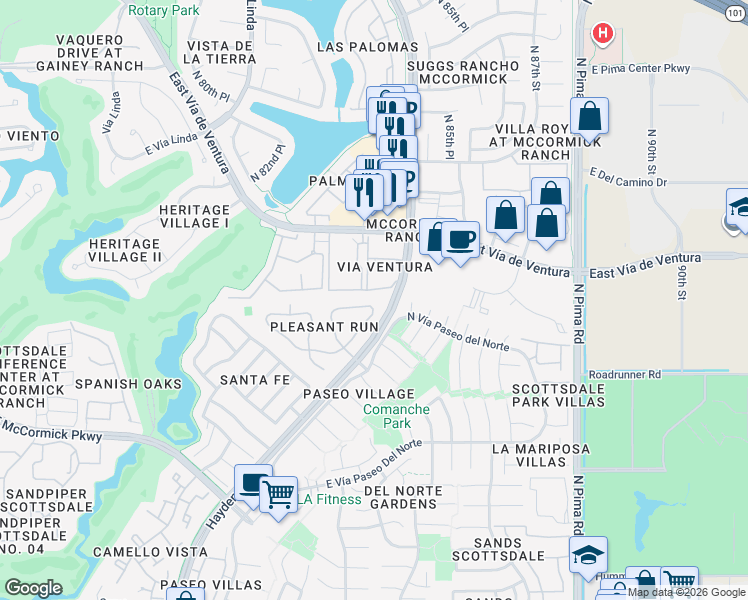 map of restaurants, bars, coffee shops, grocery stores, and more near 7634 East Pleasant Run in Scottsdale