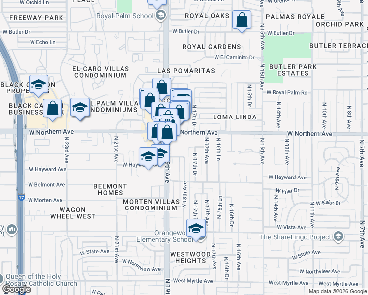 map of restaurants, bars, coffee shops, grocery stores, and more near 1809 West Northern Avenue in Phoenix