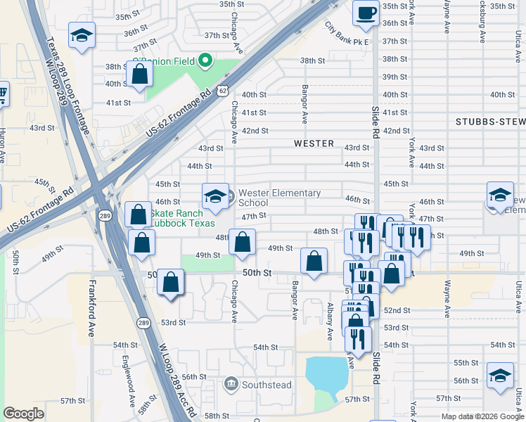 map of restaurants, bars, coffee shops, grocery stores, and more near 5426 47th Street in Lubbock
