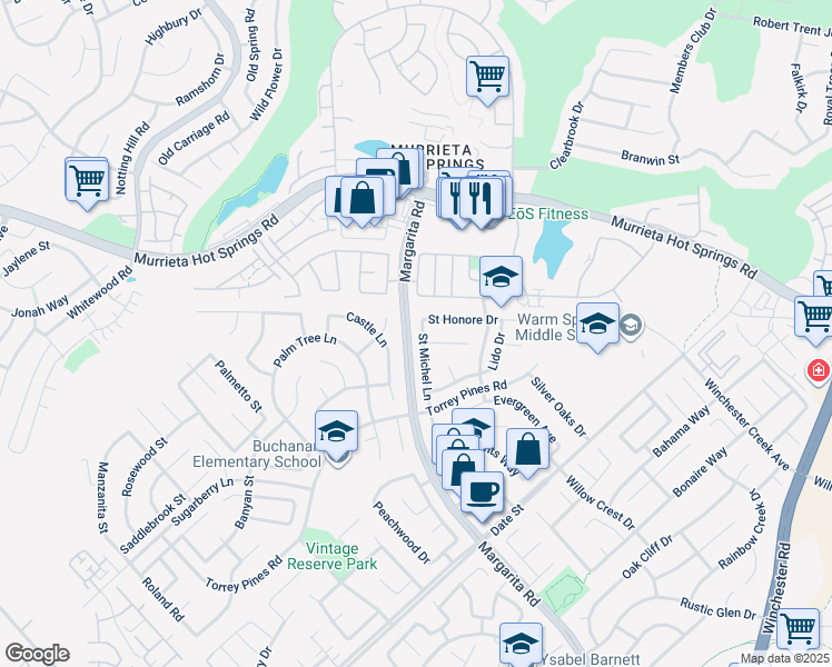 map of restaurants, bars, coffee shops, grocery stores, and more near 26375 Saint Michel Lane in Murrieta