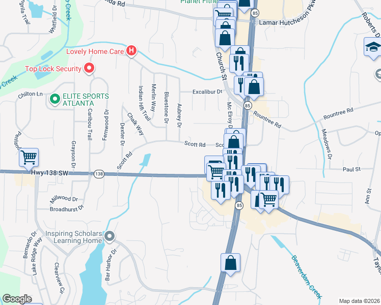 map of restaurants, bars, coffee shops, grocery stores, and more near 868 Scott Road in Riverdale