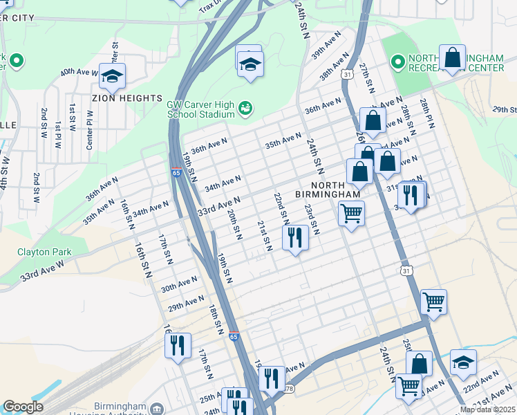 map of restaurants, bars, coffee shops, grocery stores, and more near 2100 32nd Avenue North in Birmingham