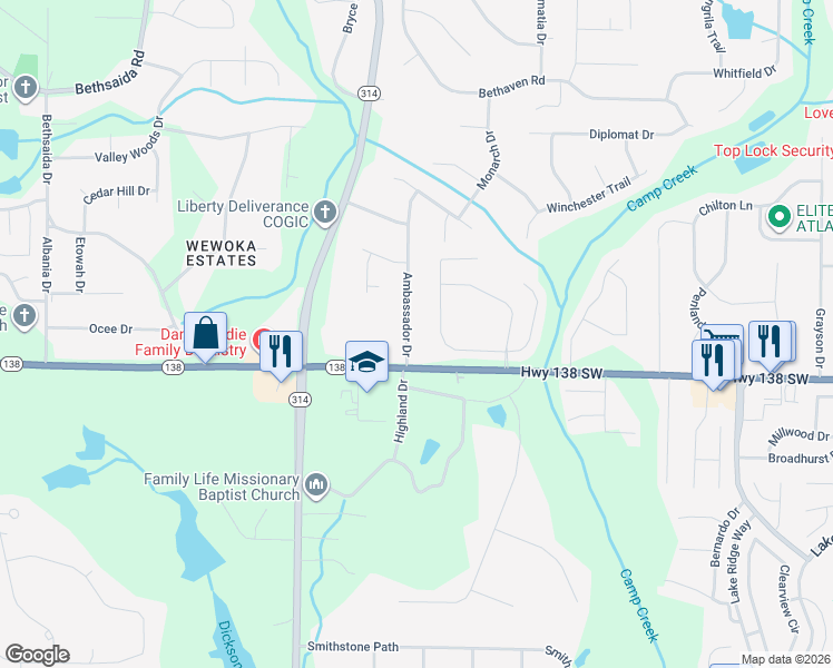 map of restaurants, bars, coffee shops, grocery stores, and more near 7460 Ambassador Drive in Riverdale
