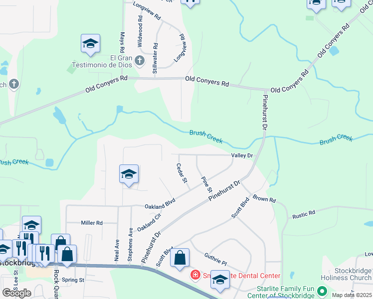 map of restaurants, bars, coffee shops, grocery stores, and more near 180 Valley Drive in Stockbridge