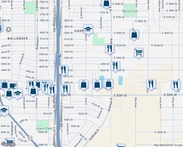 map of restaurants, bars, coffee shops, grocery stores, and more near 4606 Avenue C in Lubbock