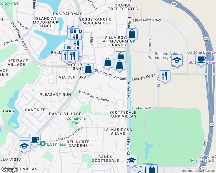 map of restaurants, bars, coffee shops, grocery stores, and more near 8722 East Vía De Commercio in Scottsdale