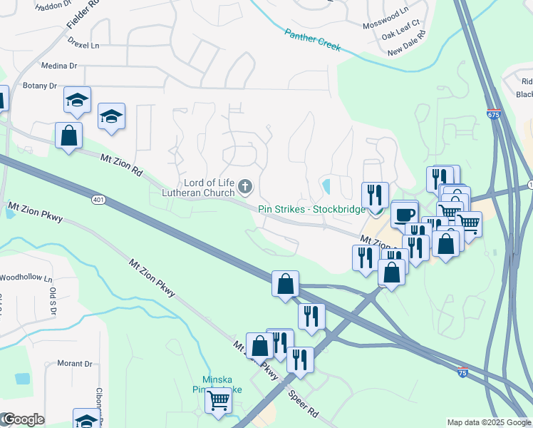map of restaurants, bars, coffee shops, grocery stores, and more near 3141 Mount Zion Road in Jonesboro