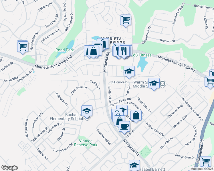 map of restaurants, bars, coffee shops, grocery stores, and more near 26375 Saint Michel Lane in Murrieta