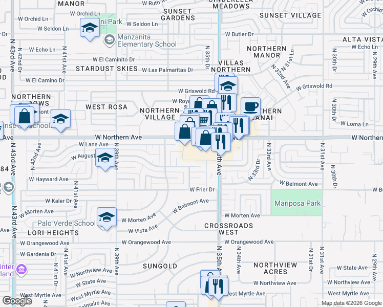 map of restaurants, bars, coffee shops, grocery stores, and more near 3581 West Northern Avenue in Phoenix