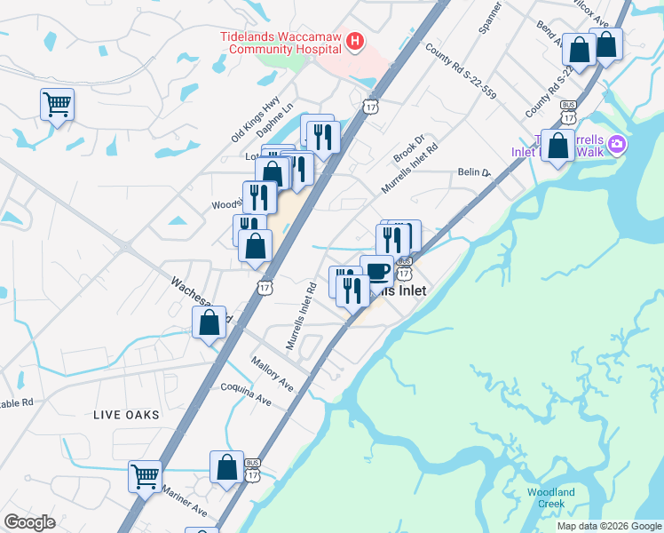 map of restaurants, bars, coffee shops, grocery stores, and more near 587 Vaux Hall Ave in Murrells Inlet