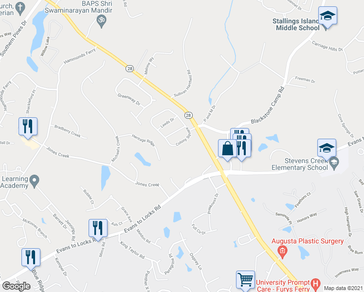 map of restaurants, bars, coffee shops, grocery stores, and more near 4285 Colony Square in Evans