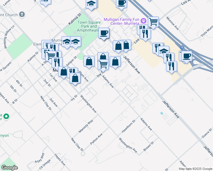 map of restaurants, bars, coffee shops, grocery stores, and more near 25071 Adams Avenue in Murrieta